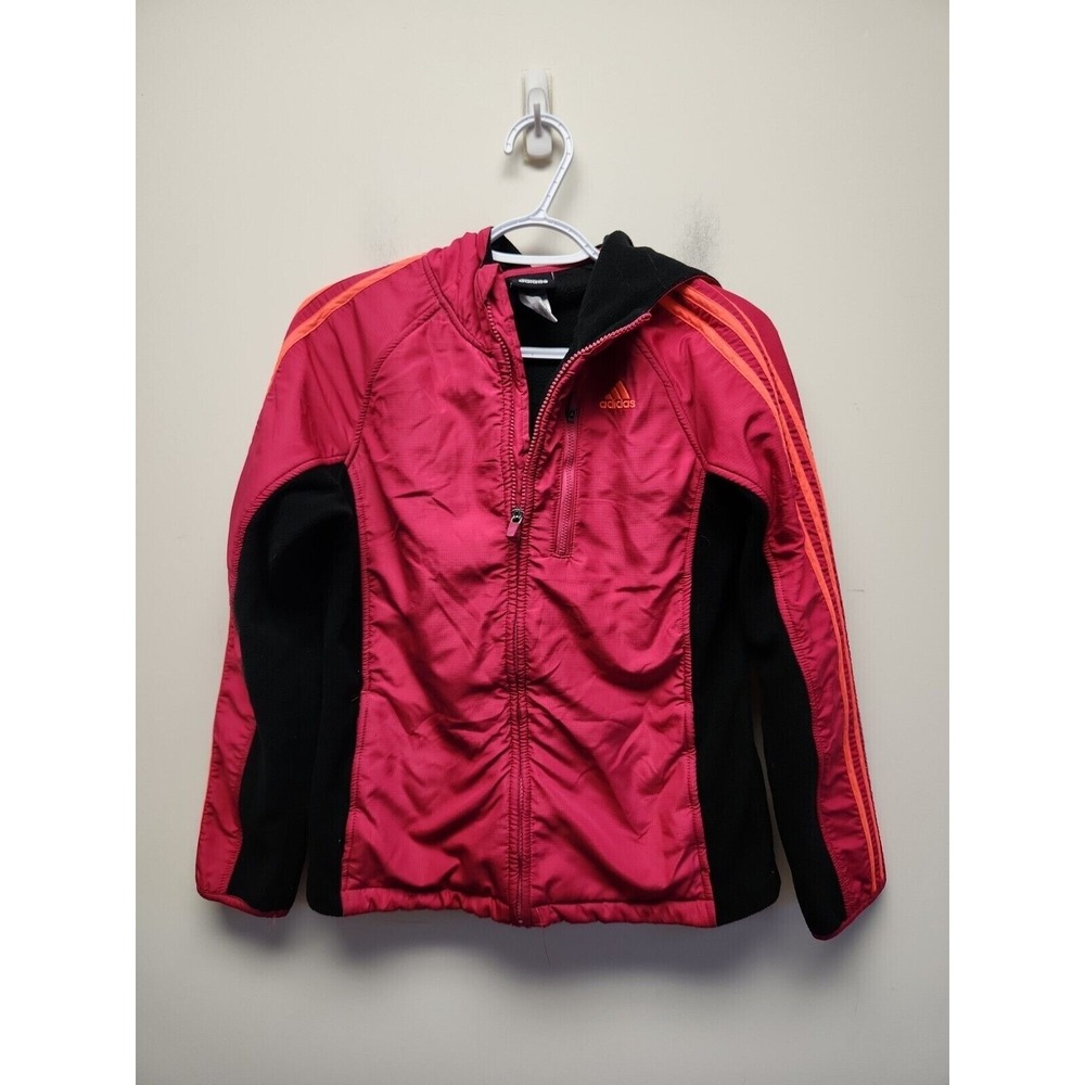 Youth Adidas Fleece Lined Zip Up‎ Hooded  Jacket Coat Raspberry Sz L (14)